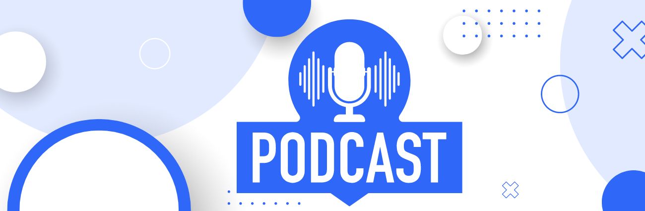 Podcast banner for the top of the podcast page blue and white with a microphone and the word podcast