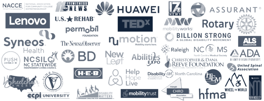 Compilation of logos of brands that Ali Ingersoll has worked with including but not limited to Huawei, Lenovo, TedX, Permobil, ALS Association, Mobility Trust, Help Hope Live, hfma, NC State, Disability Matters and more